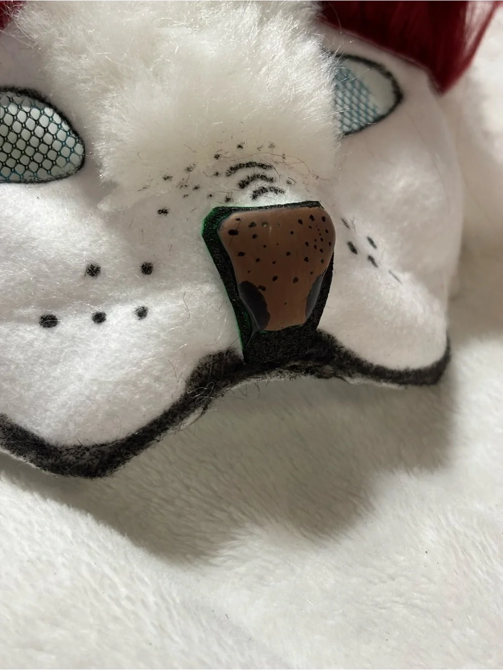 White Faux Fur Therian Animal Costume Mask with Red and Brown Accents